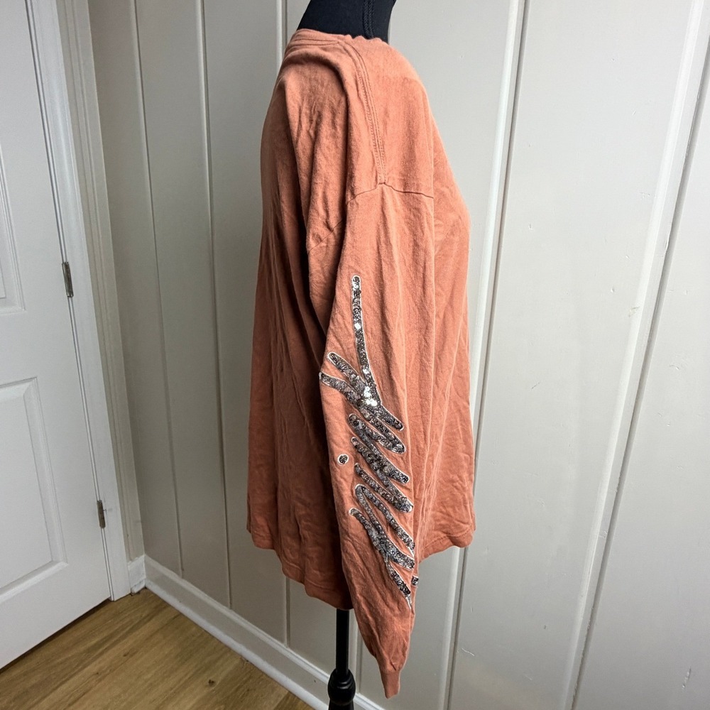 PINK Victoria's Secret Long Sleeve Sequin Logo Tee Terracotta Orange Medium